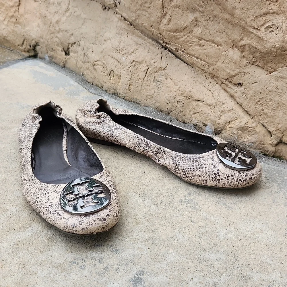 Tory Burch Reva Python Snake Print Ballet Flats Beige Leather Shoes Size 8